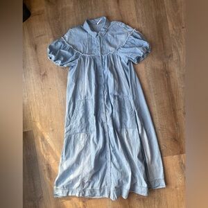 Free People Prairie Chambray denim Dress Light Blue Puff Sleeve Midi Cottagecore